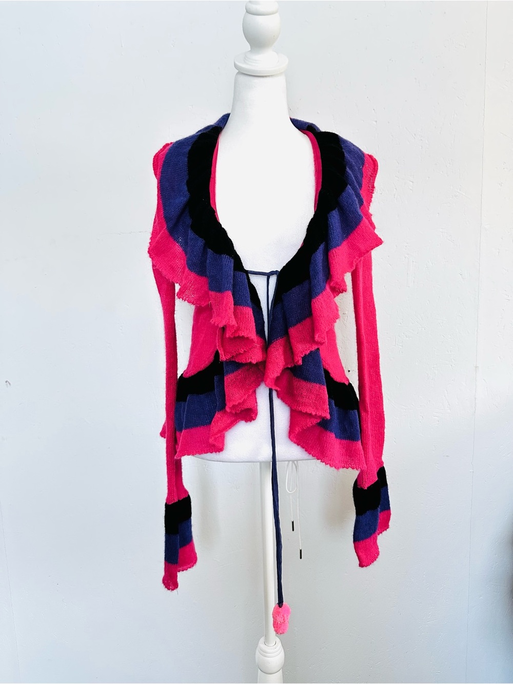 Ruffled Open-Front Cardigan in Hot Pink, Purple & Black